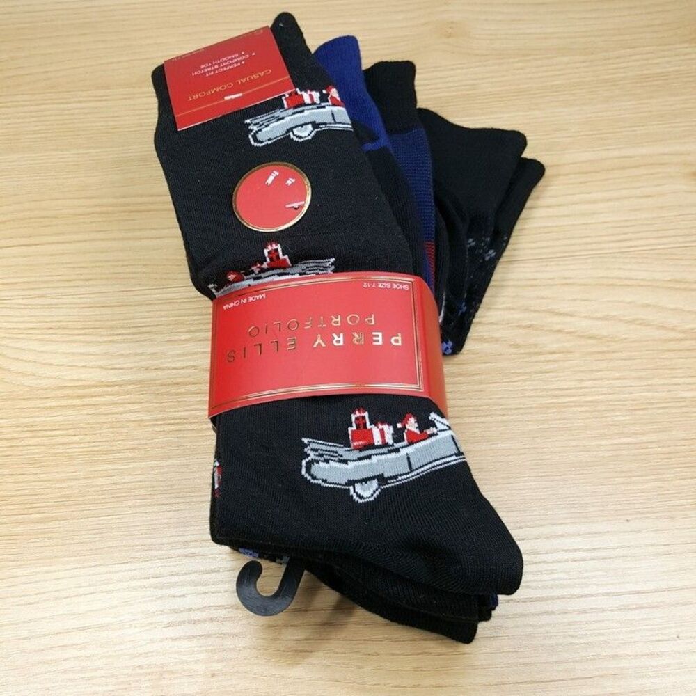 PERRY ELLIS Crew Socks 6-Pack Black Casual Comfort Stretch Smooth Toe Christmas